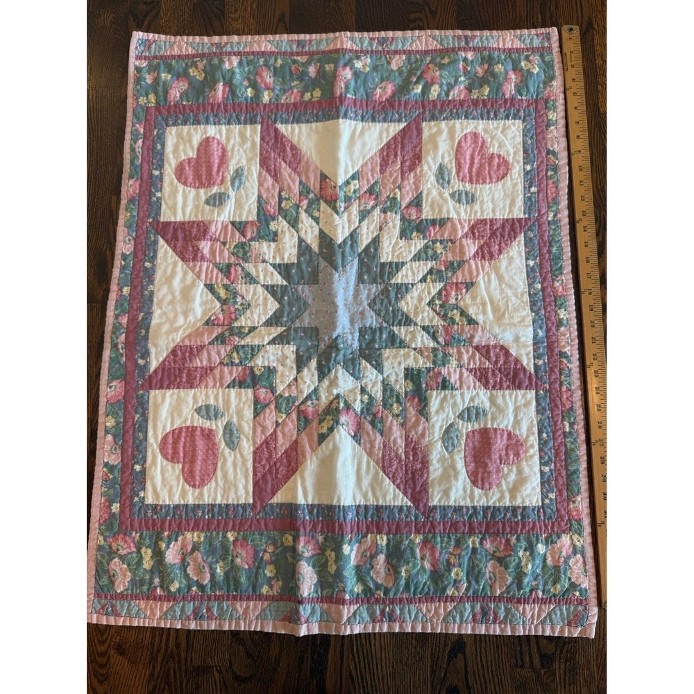 Crib size Heart Star Patchwork Quilt  hand stitched
